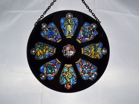 Glass Window Decoration depicting The Rose Window, hand painted. Framed with traditional stained glass lead and hung with trace chain
